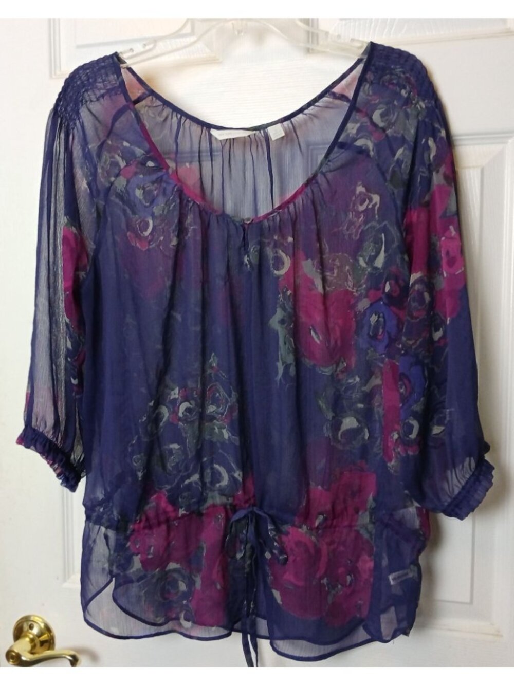 New York & Co Womens XL Sheer Floral Blouse Purple 3/4 Sleeve Drawstring *D-17 - Picture 9 of 11